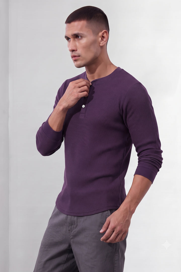 Purple Self Waffle Knit Henley T-Shirt