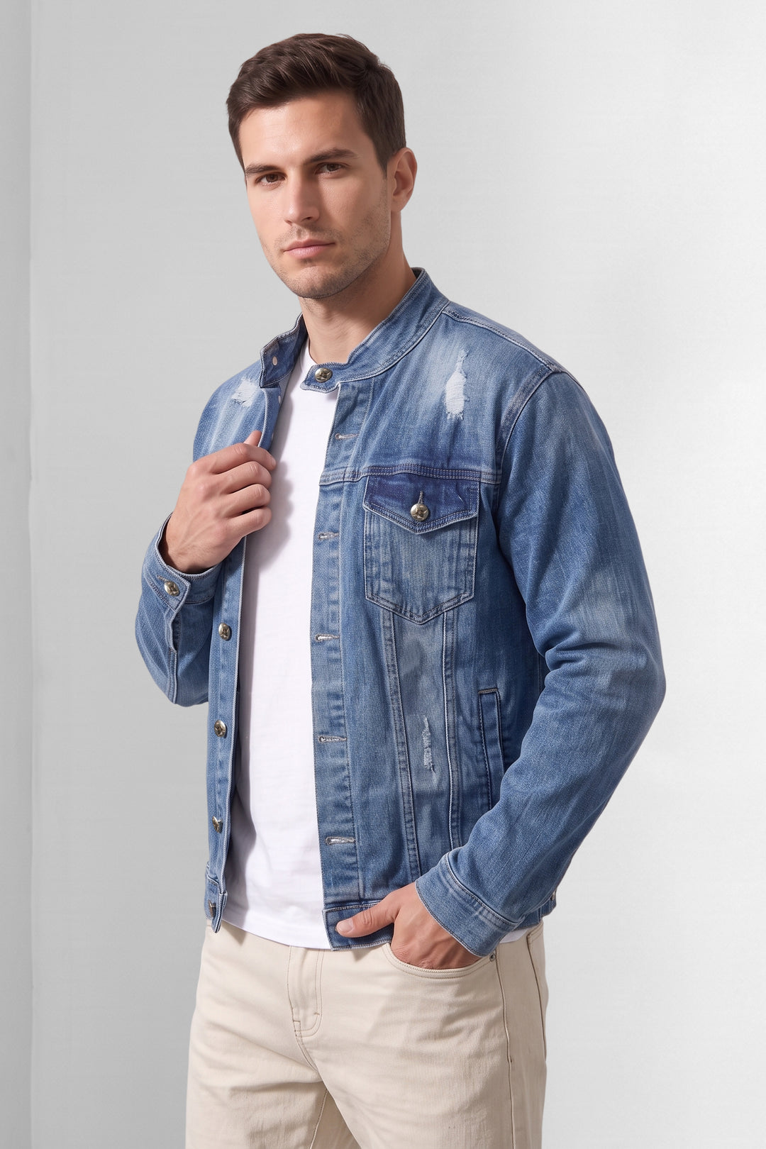 Blue Washed Denim Jacket with Stand Collar and Button Closure