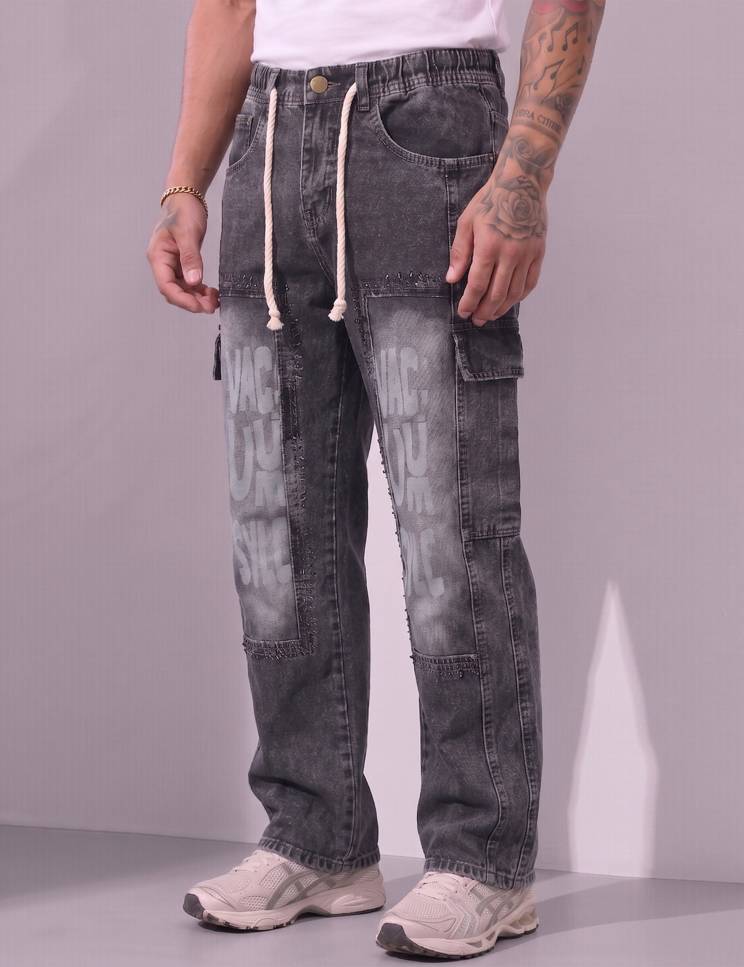 Dark Blue Men Elastic Typographic Cargo Pant