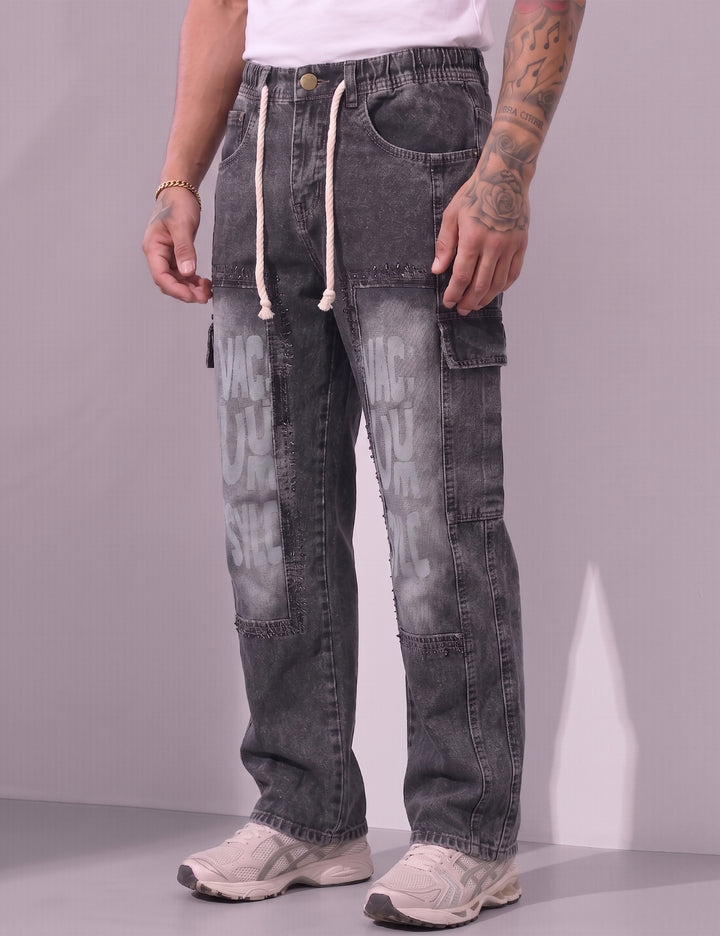 Dark Blue Men Elastic Typographic Cargo Pant