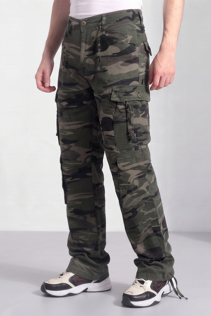 Olive Mens Camouflage 8-Pocket Cotton Cargo Pant