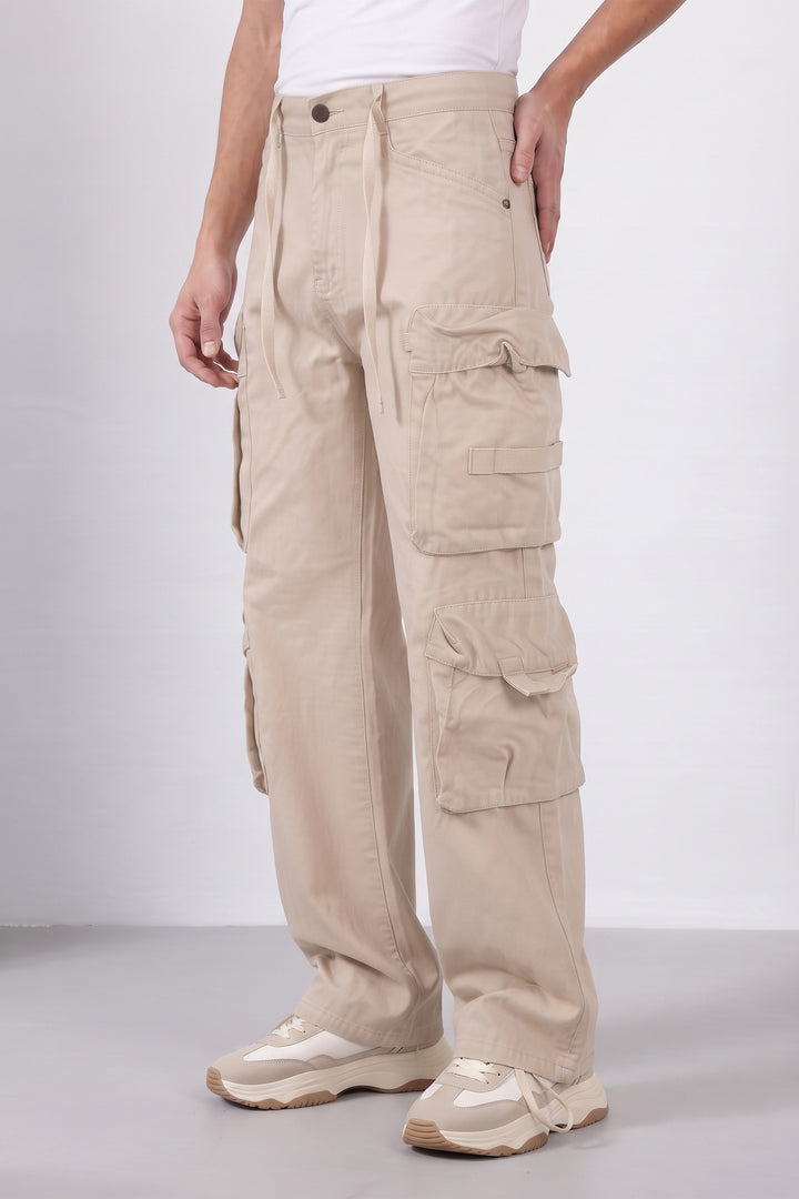 Cream Mens Solid 8-Pocket Cotton Cargo Pant