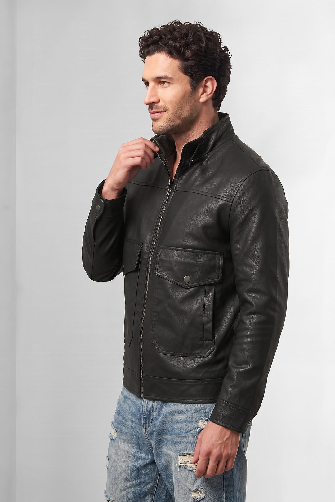 Black Faux Leather Utility Jacket Full-Zip Winter Jacket