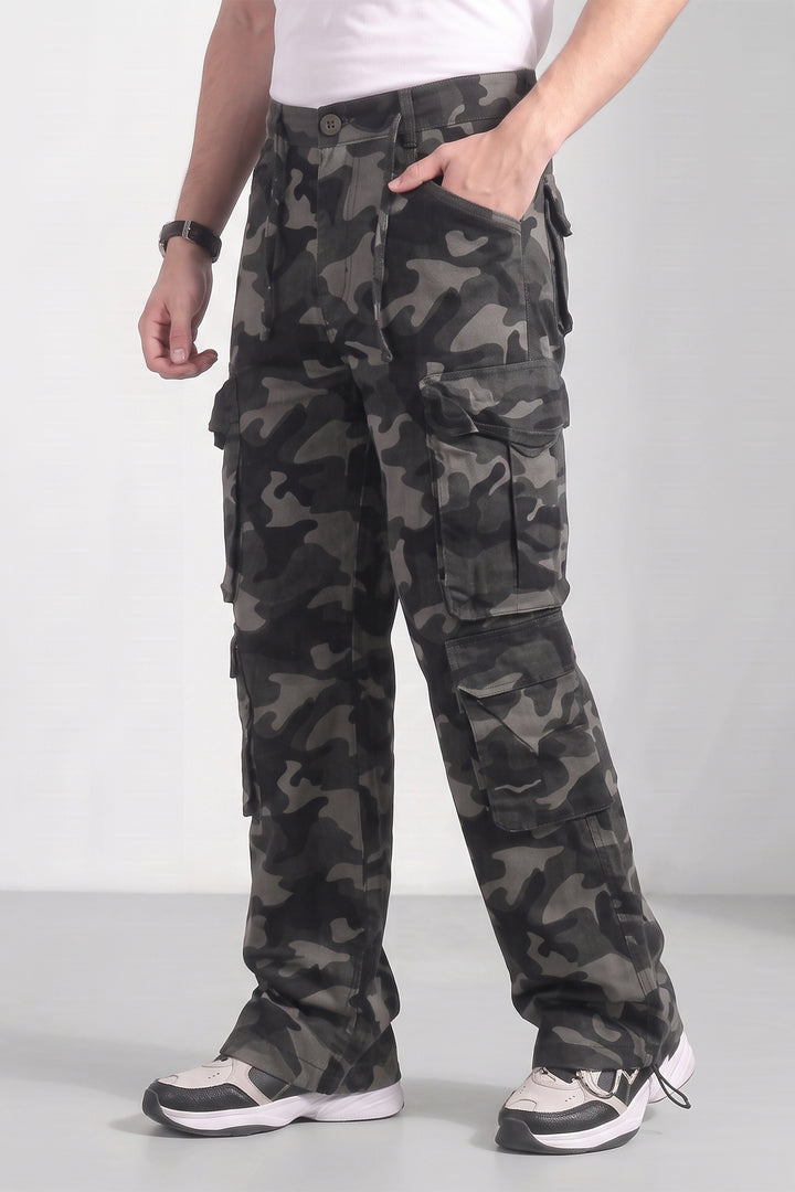 Grey Mens Camouflage 8-Pocket Cotton Cargo Pant
