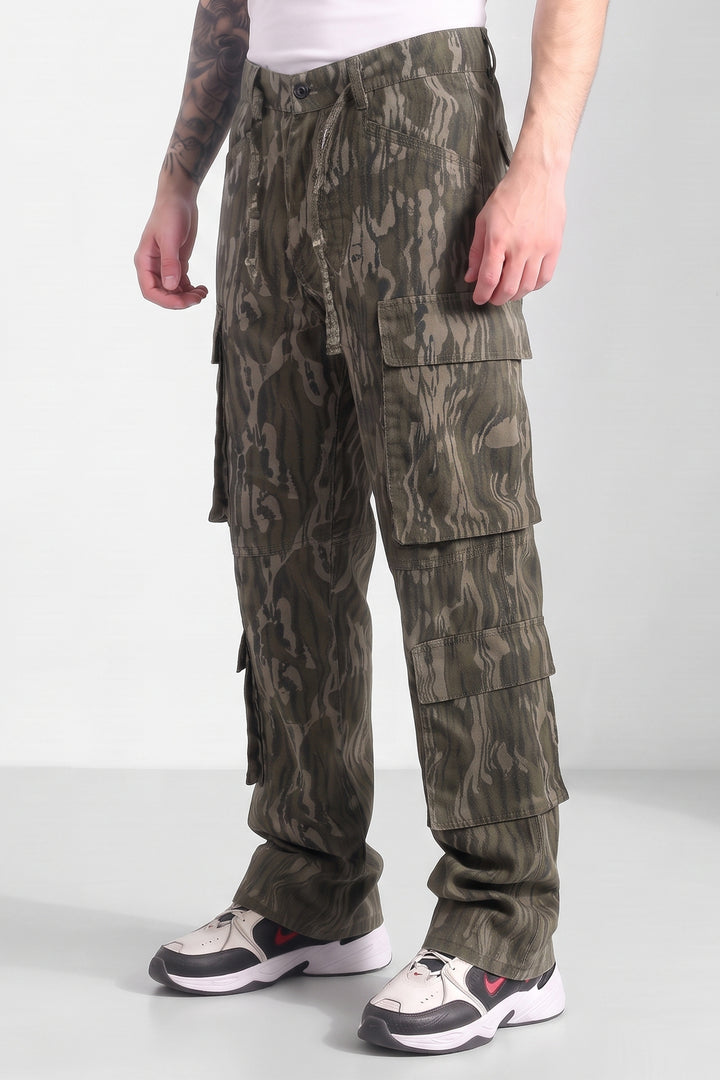 Olive Mens Printed 8-Pocket Cotton Cargo Pant