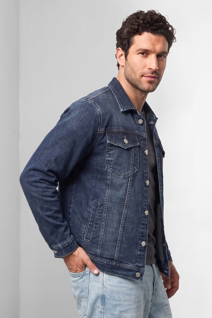 Navy Classic Denim Trucker Jacket with Button Closure