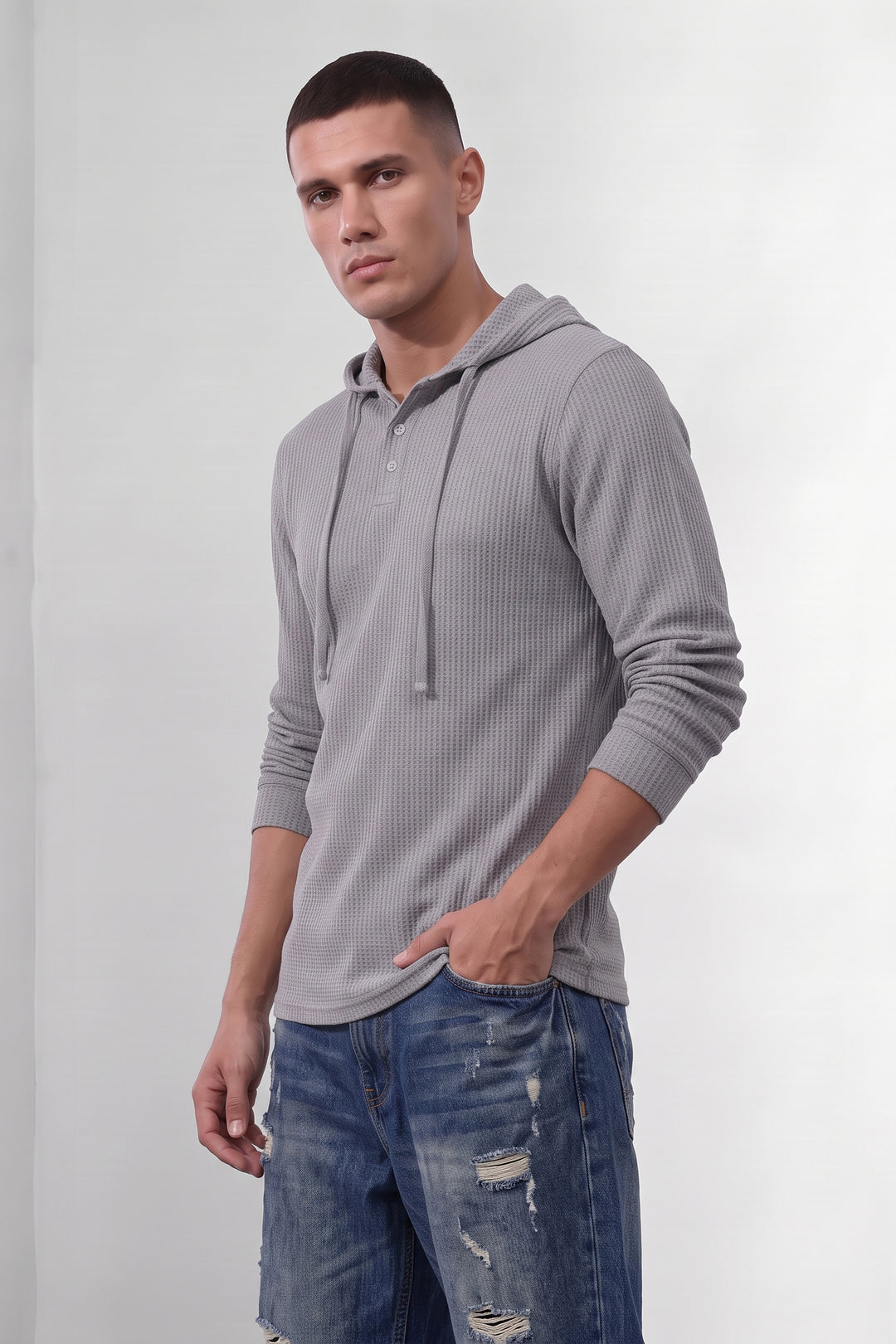 Grey Waffle Placket Hooded T-Shirt
