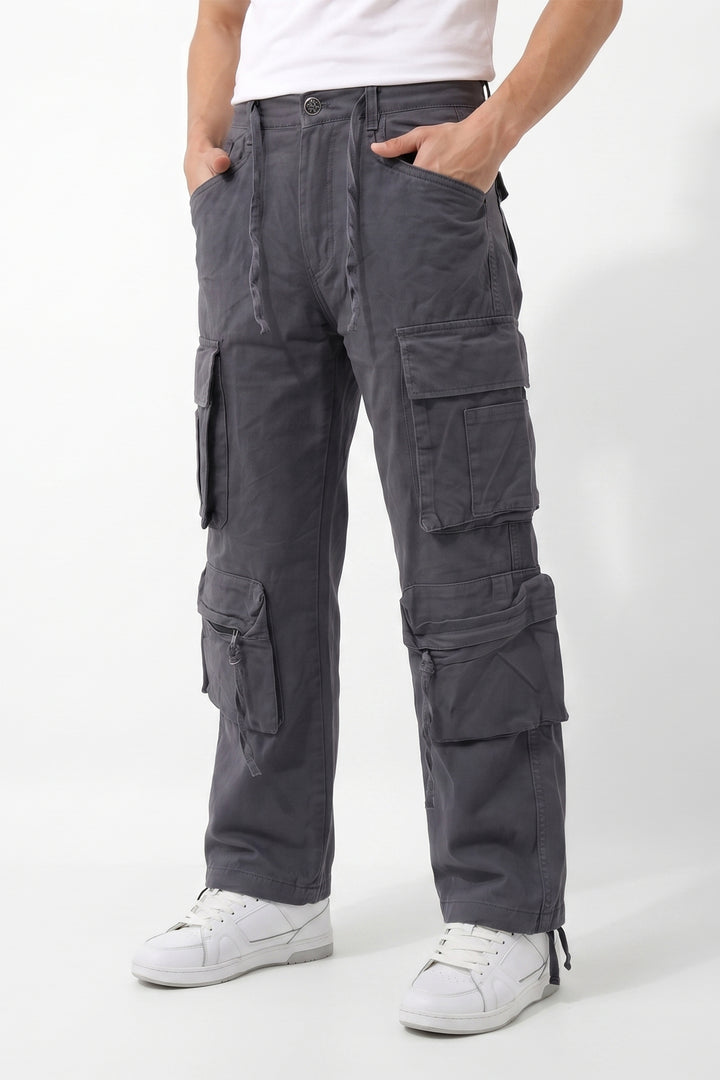 Gritstones Men's Steel Grey Utility 10 Pocket Cargo Pants