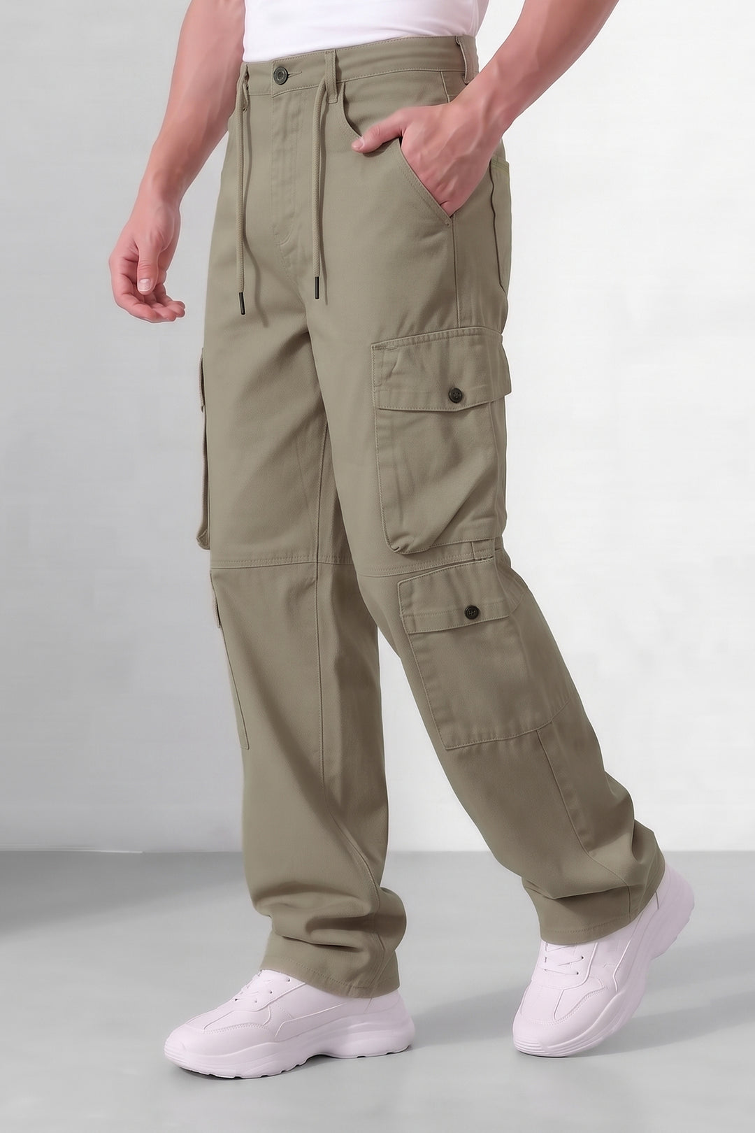 Beige Mens 8 Multi-Pocket Cargo Trousers