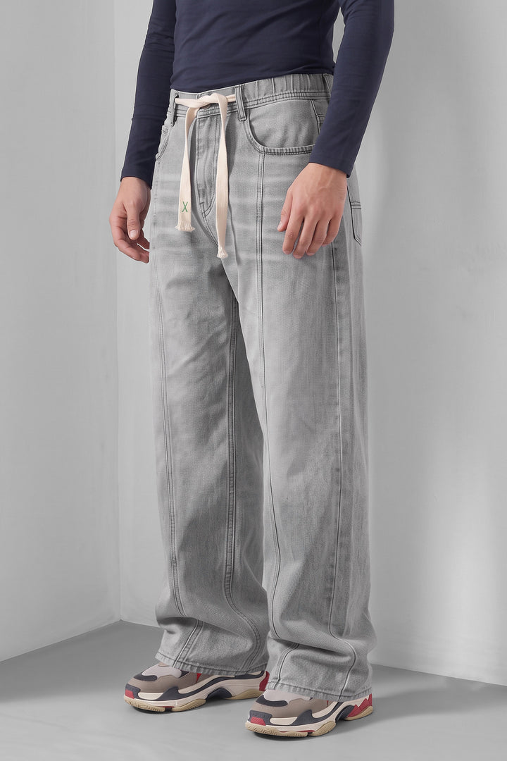 Light Blue Barrel Fit Denim Jeans with Contrast Drawstring Detail