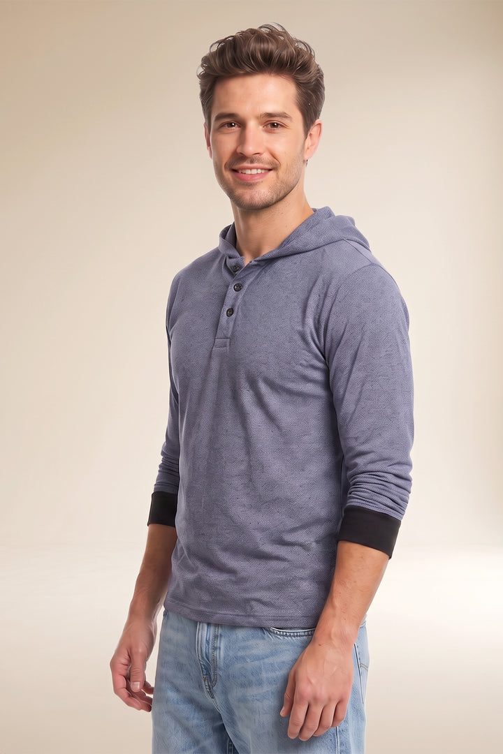 Grey Hooded Full Sleeve Cotton T-Shirt