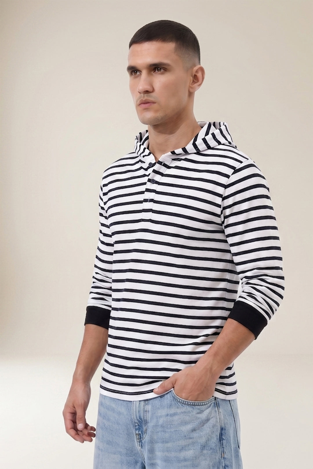 White Full Sleeve Cotton Hooded Neck T-Shirt