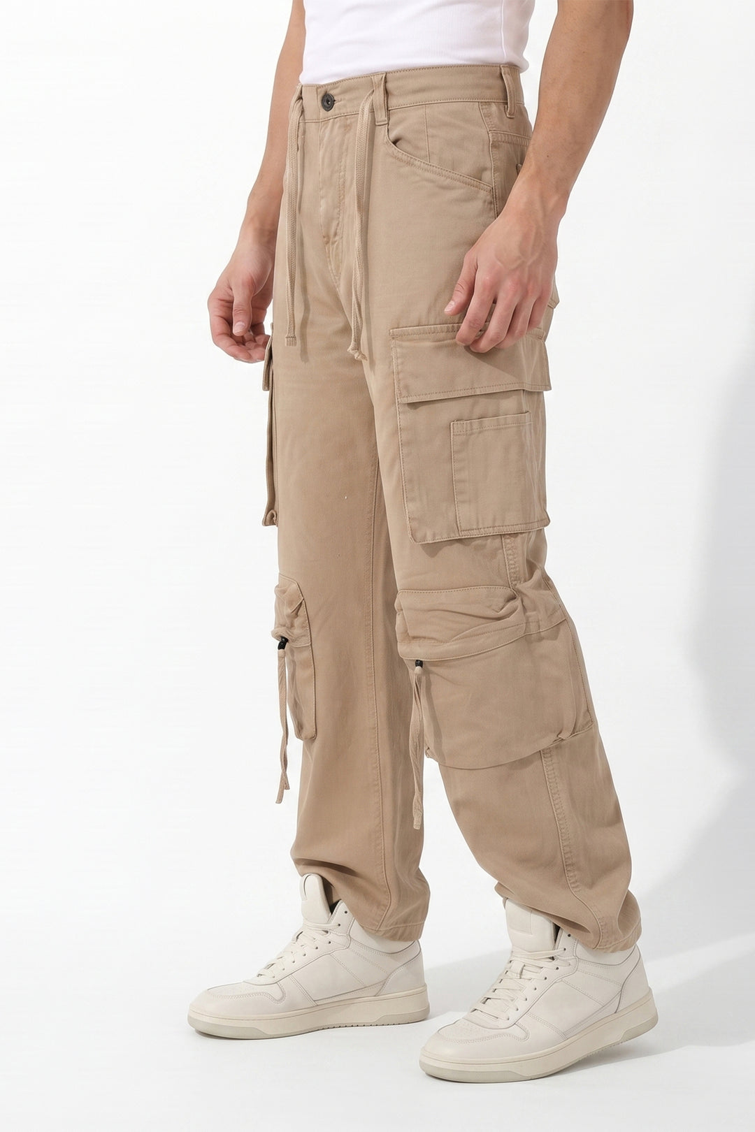 Gritstones Men's Beige Utility 10 Pocket Cargo Pants