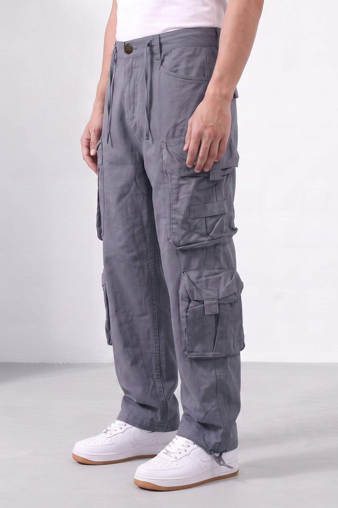 Steel Grey Mens Solid 8-Pocket Cotton Cargo Pant