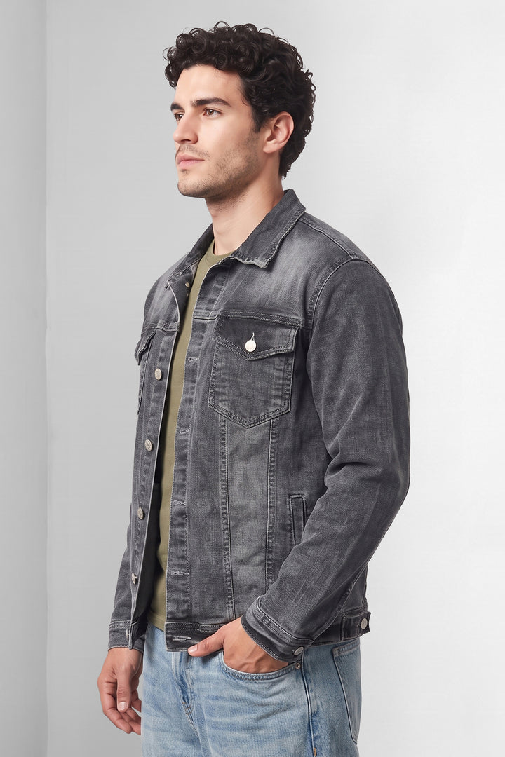 Dark Grey Classic Denim Trucker Jacket with Button Closure