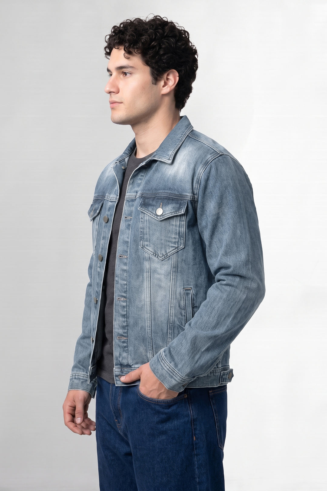 Blue Classic Denim Trucker Jacket with Button Closure