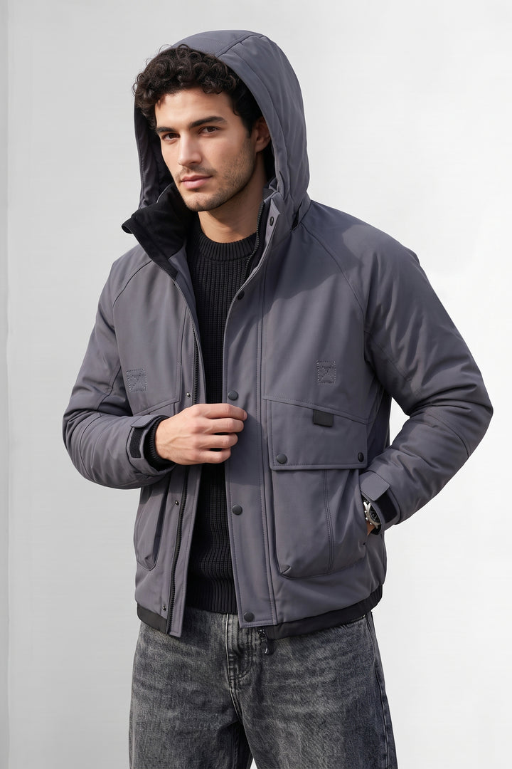 Light Purple Quilted Hooded Heavy Winter Jacket with Utility Pockets