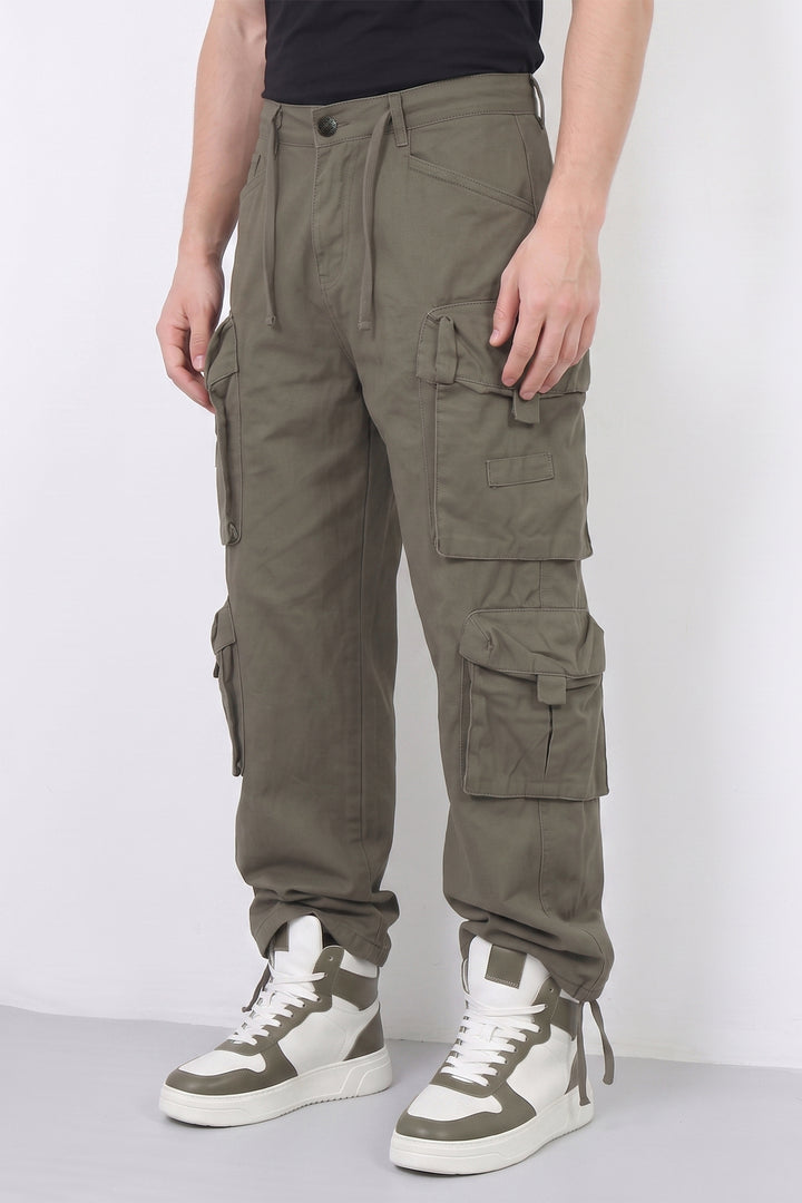 Olive Green Mens Solid 8-Pocket Cotton Cargo Pant