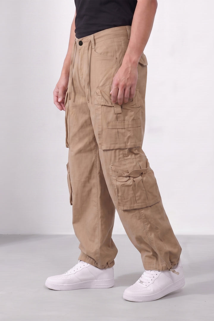 Brown Mens Solid 8-Pocket Cotton Cargo Pant