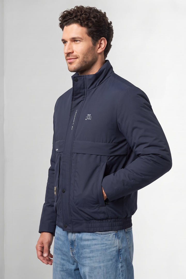 Dark Navy Quilted Puffer Jacket with Fur Collar