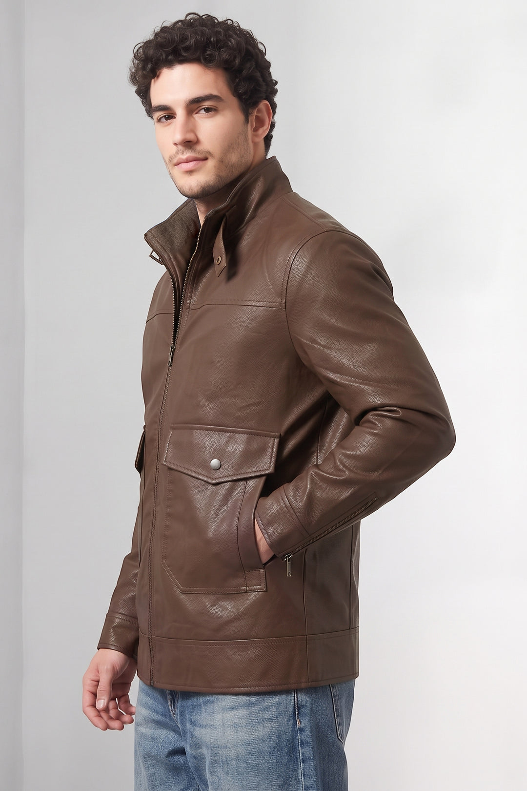 Dark Brown Textured Faux Leather Winter Jacket