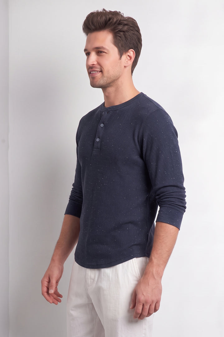 Navy Blue Self Waffle Knit Henley T-Shirt