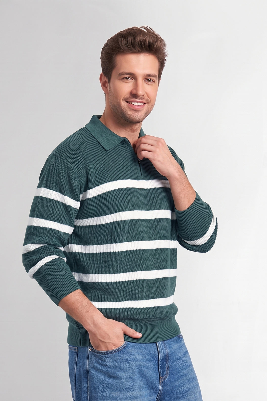 Green Men Regular Fit Flat Knit Striped Collar Neck Pullover