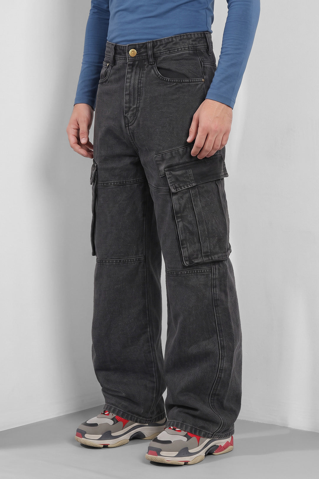 Dark Grey Baggy Denim Cargo with Multi-Pocket Utility Design