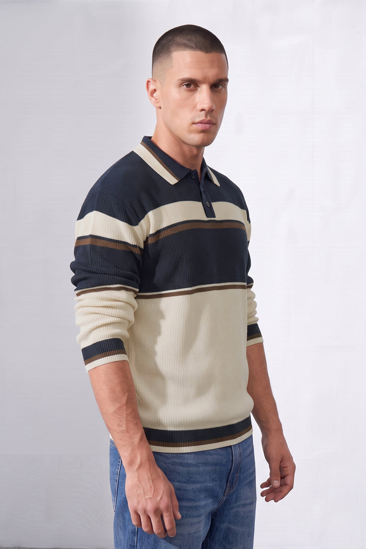 Navy White Men Regular Fit Flat Knit Striped Polo Neck Pullover