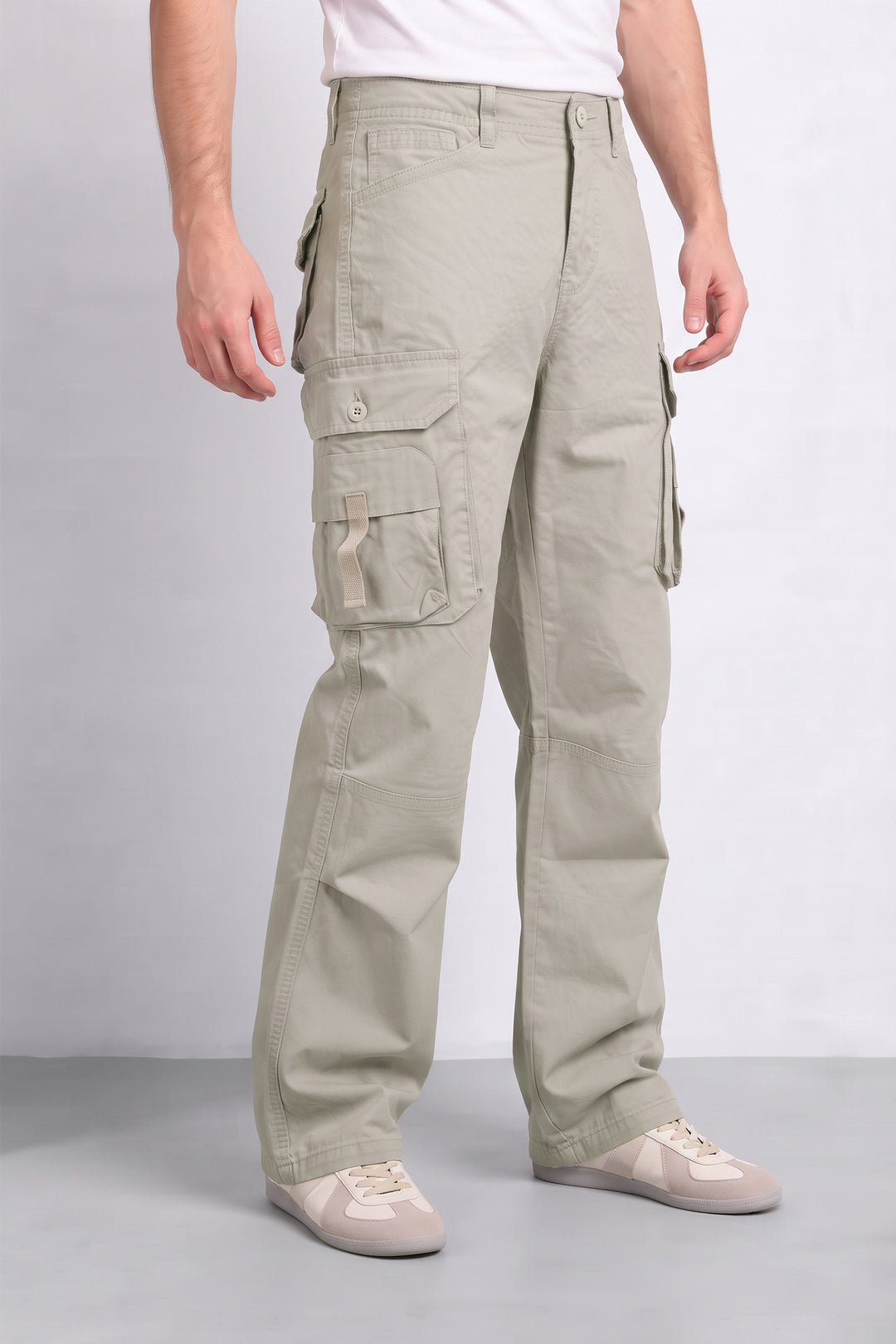 Light Grey Men 6 Multi Pocket Cotton Cargo Trousers