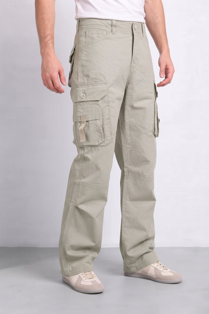 Light Grey Men 6 Multi Pocket Cotton Cargo Trousers