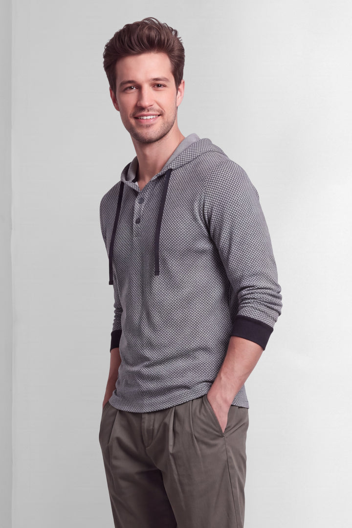 Grey Black Self design Placket Hooded T-Shirt