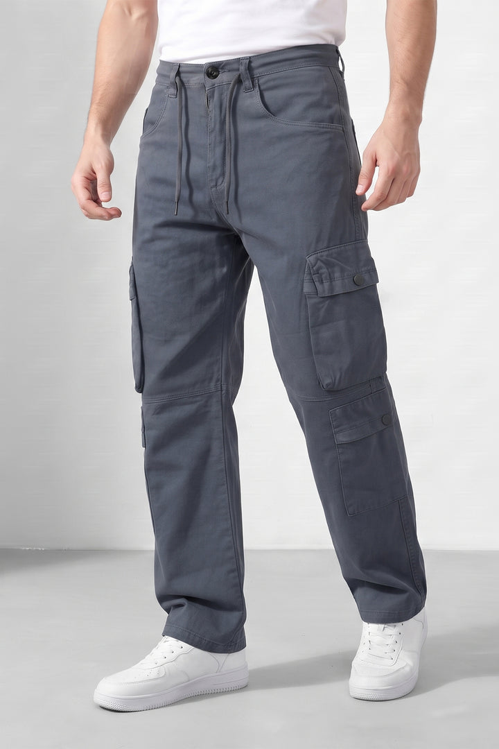 Grey Mens Solid 8-Pocket Cotton Cargo Pant