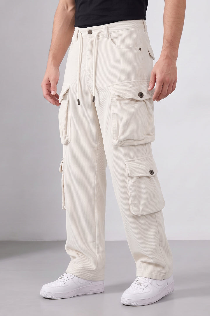 Cream Men 8 Multi Pocket Coudroy Cargos