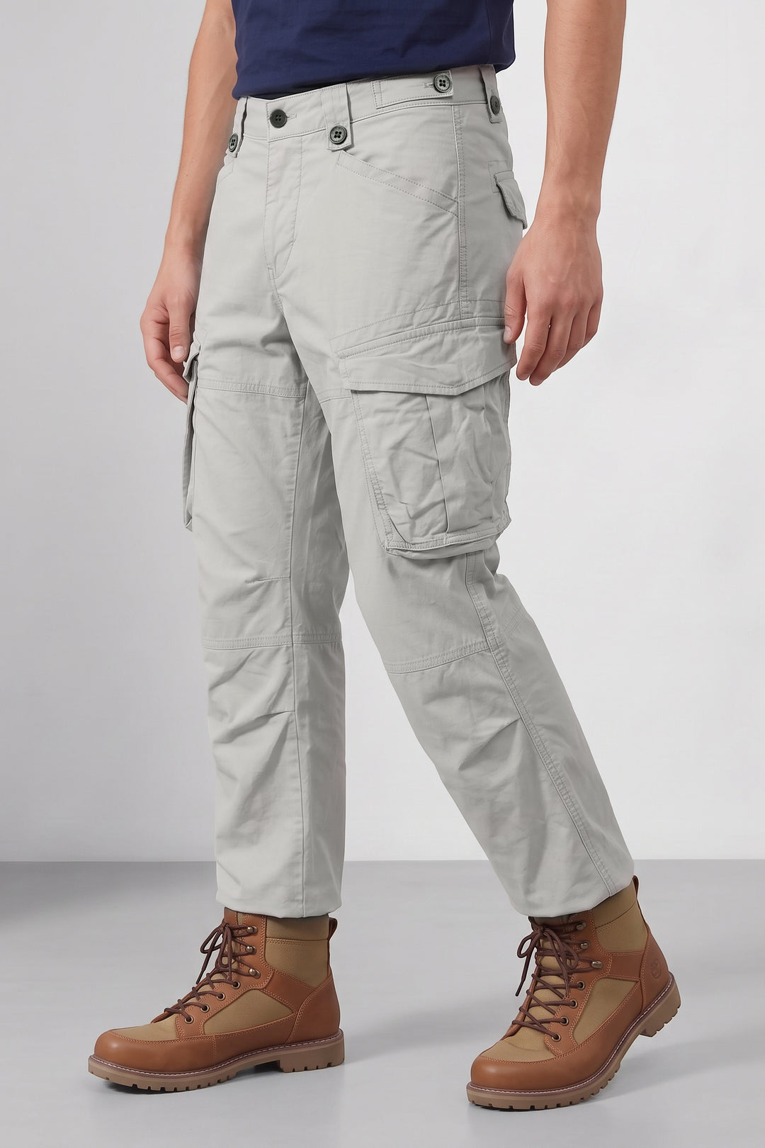 Grey Black Men 8 Multi Pocket Cotton Cargo Trousers