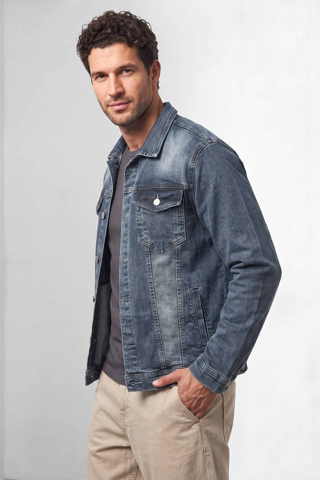Dark Blue Classic Denim Trucker Jacket with Button Closure