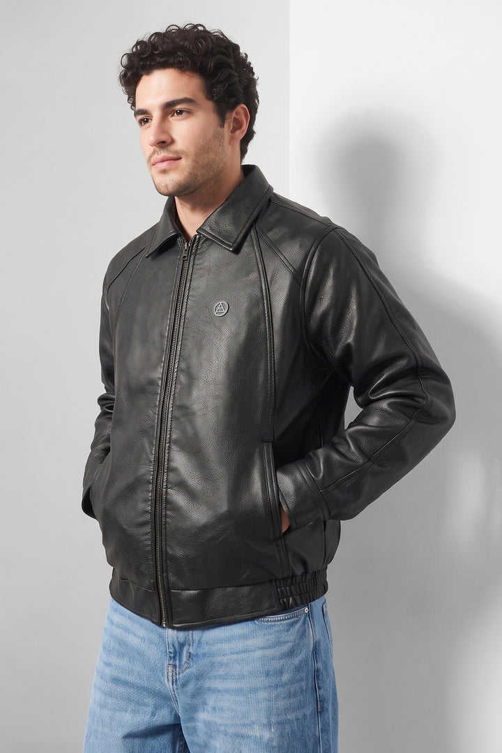 Black Textured Faux Leather Zip-Front Jacket