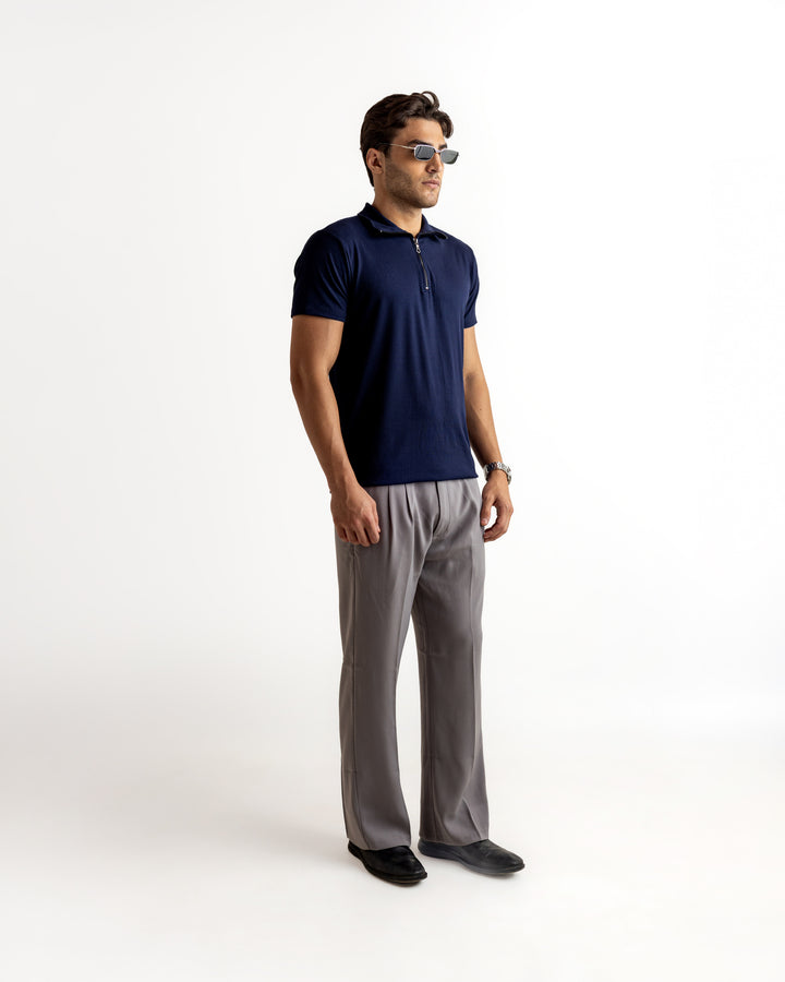 Navy Self Design Cotton Rib Zipper T-Shirt