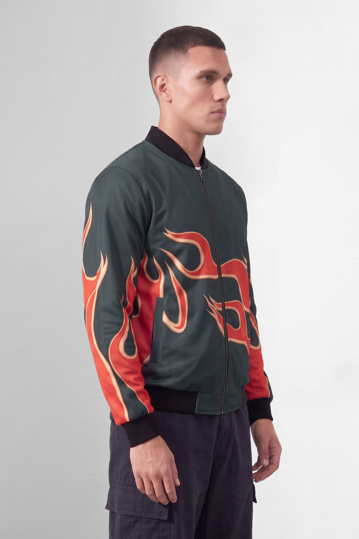 Black Fire Printed Regular Fit Bomber Jacket