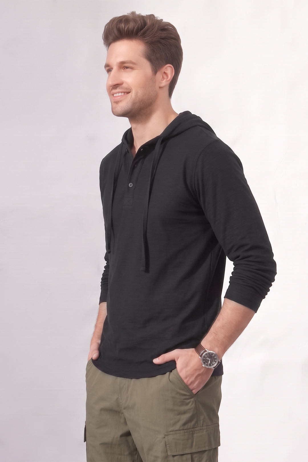 Black Ottoman Placket Hooded T-Shirt