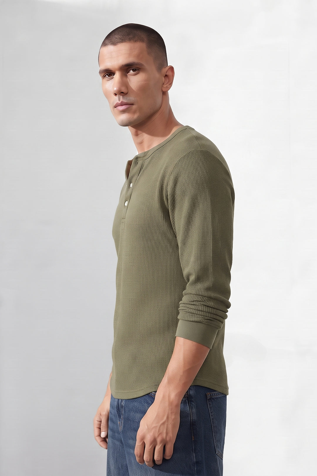 Mehandi Green Self Waffle Knit Henley T-Shirt