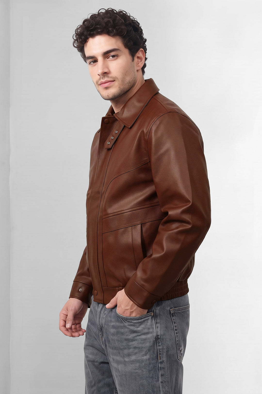 Brown Textured Faux Leather Heavy Jacket