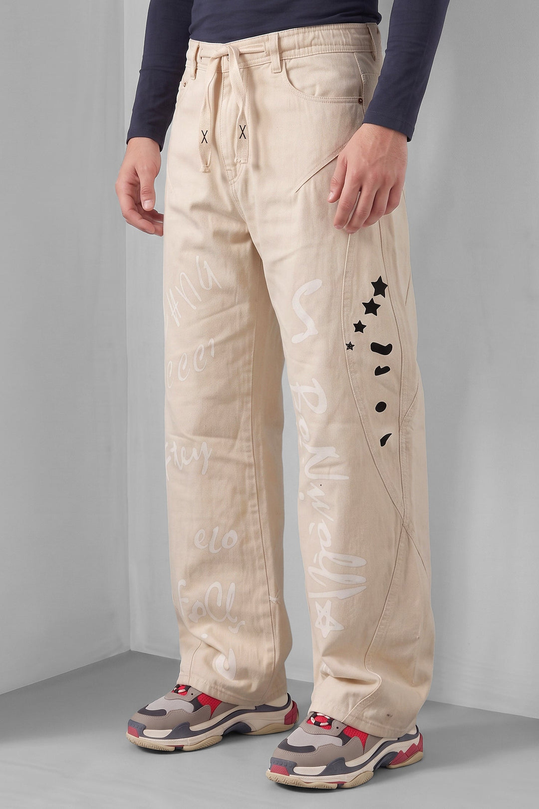 Cream Typographic Denim Jeans with Contrast Drawstring Detail