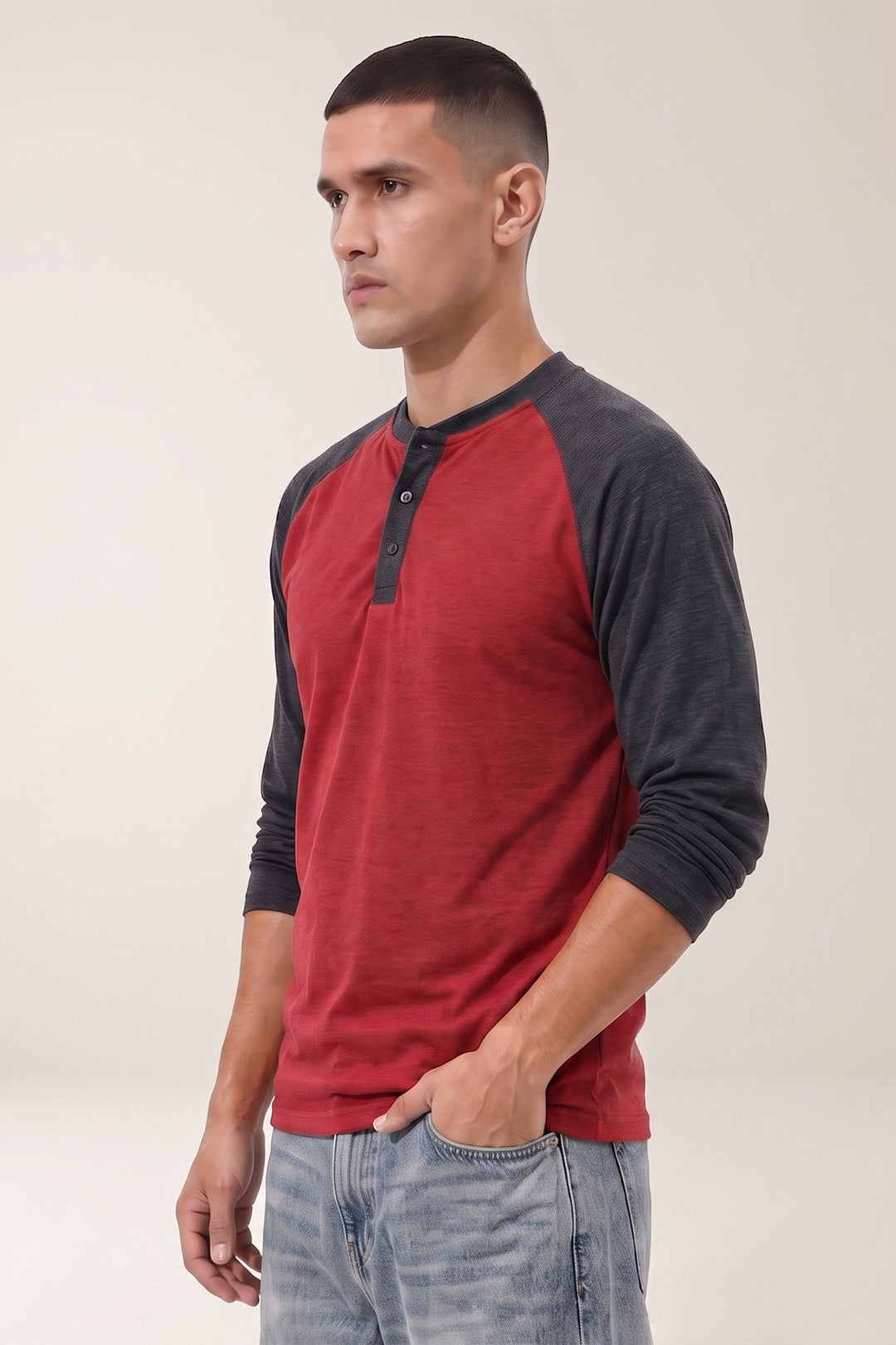 Maroon Full Sleeve Color Blocked Henley T-Shirt