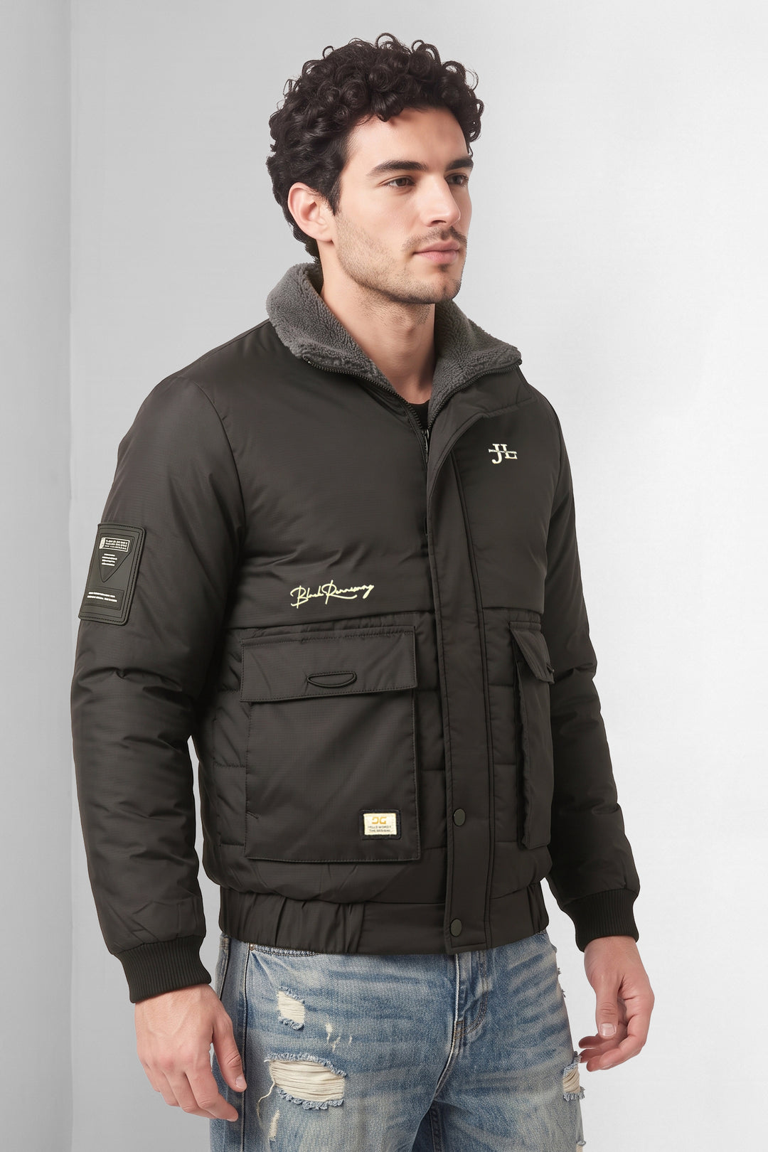 Black Quilted Puffer Jacket with Fur Collar