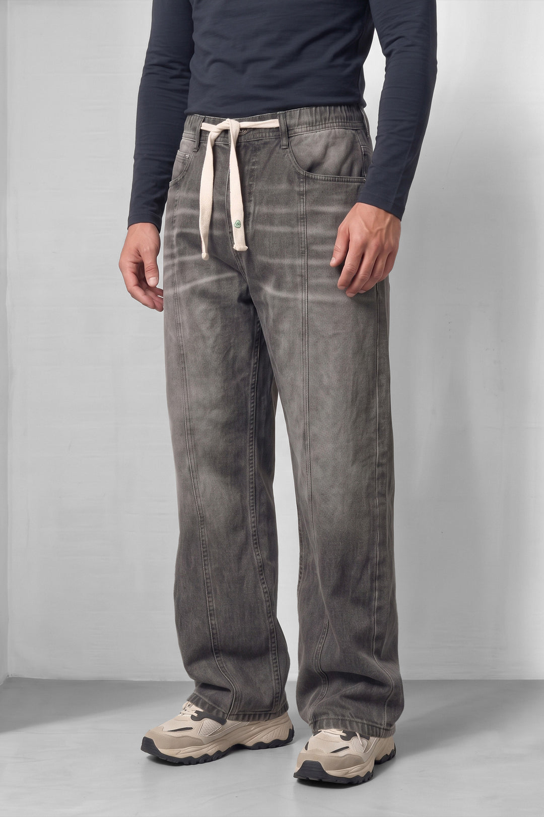 Dark Grey Barrel Denim Jeans with Contrast Drawstring Detail