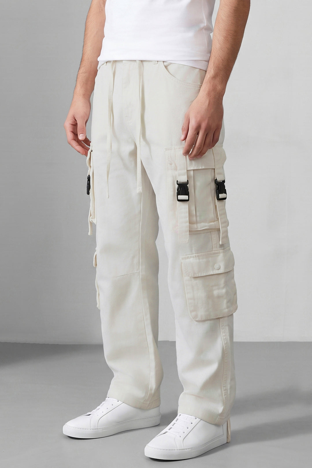 White Multi Mens 8 Pocket Cargo Pants