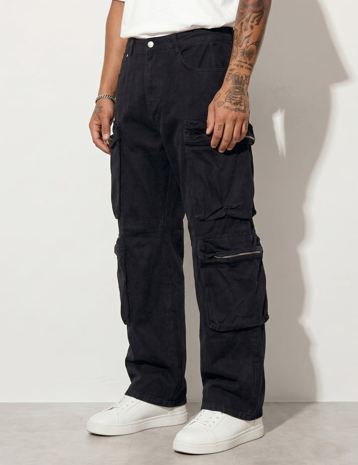 Black Men Button Closure Denim Cargo
