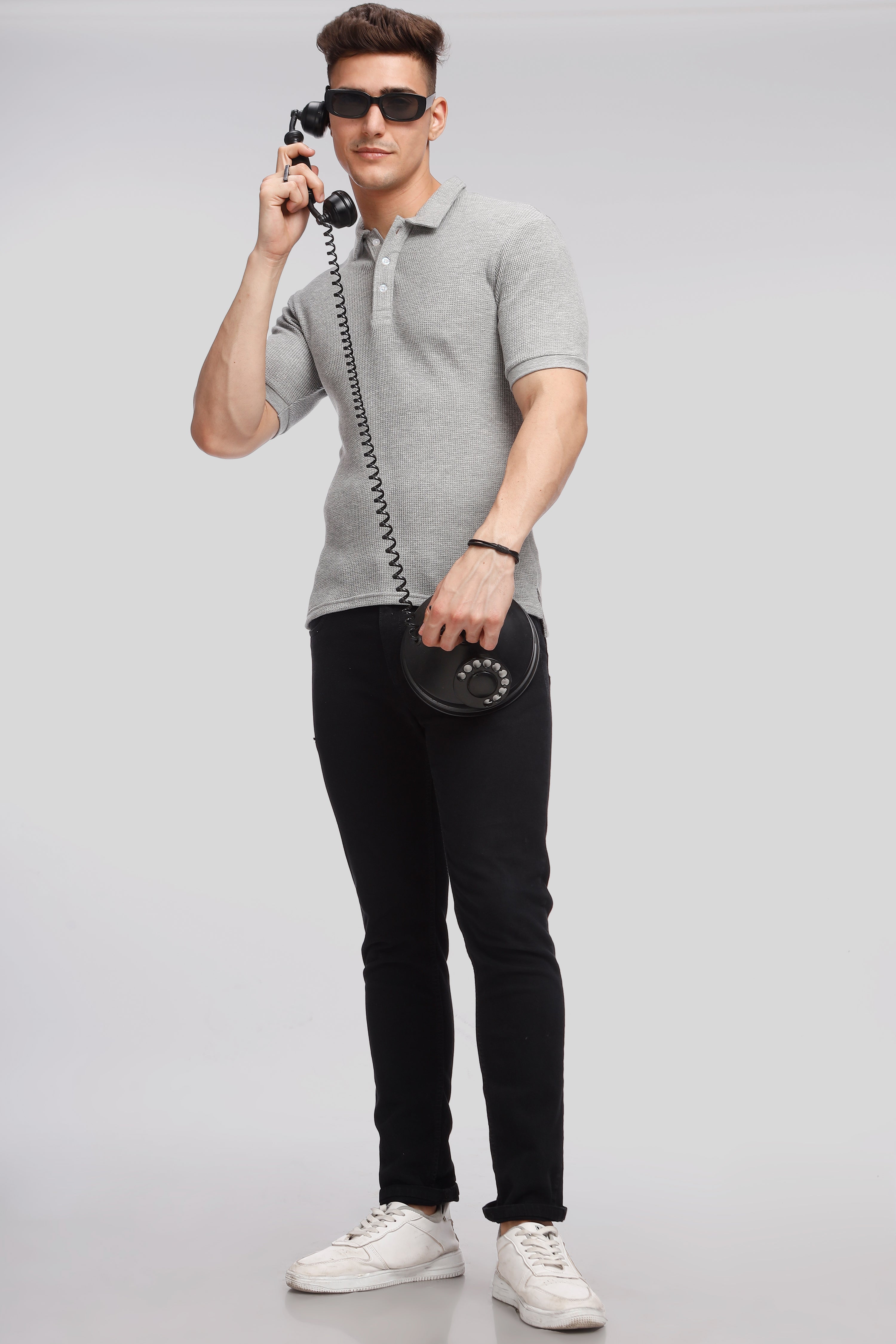 Grey Melange Waffle Knit Polo T-Shirt