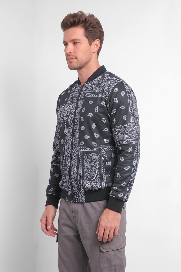 Black Digital Printed Regular Fit Bomber Jacket
